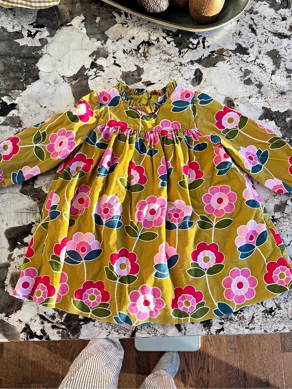 Jacadi Baby Girl Long-Sleeved Corduroy Floral Dress Yellow & Pink 18M